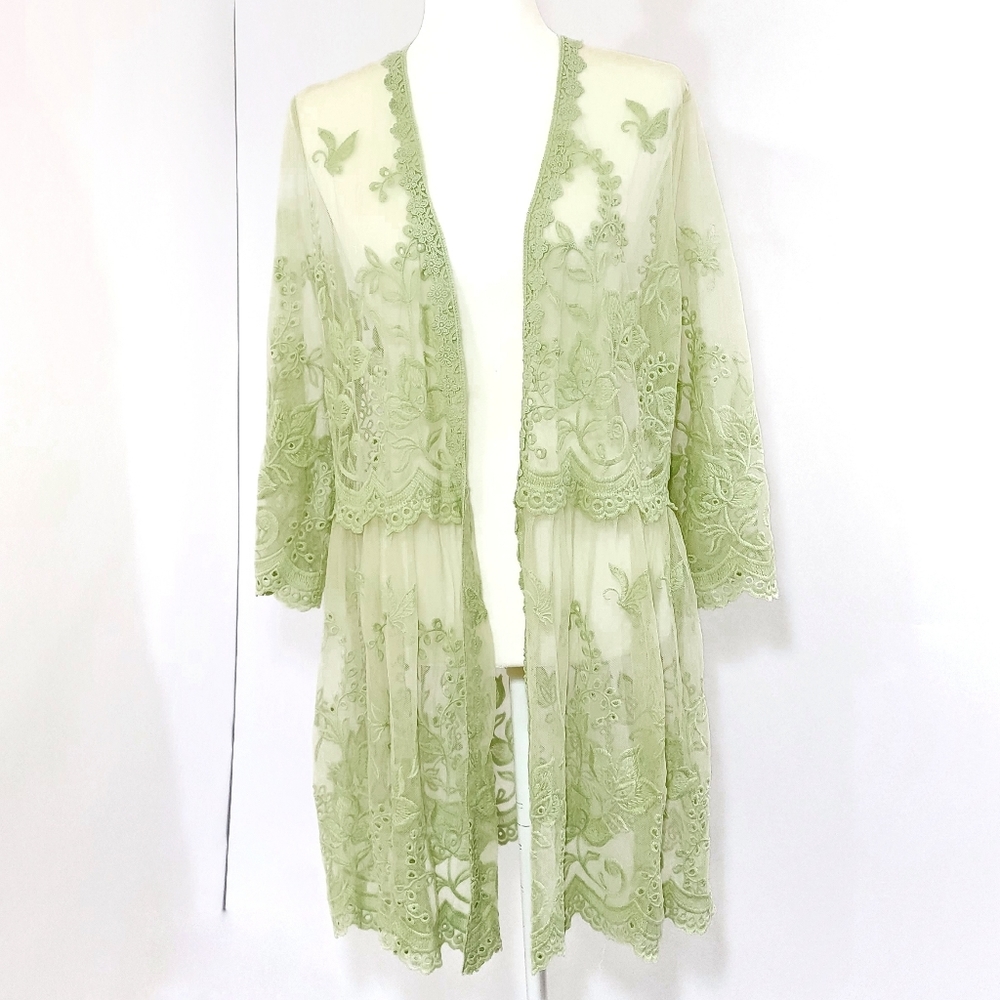 Labellum Hillary Scott Green Lace Crochet Cardigan Topper Scalloped Hem Large